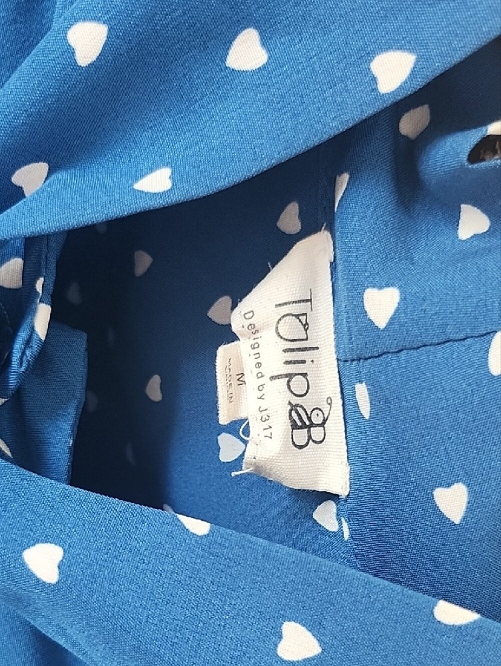 Blue Heart-Print Tie-Neck Blouse - Picture 4 of 5